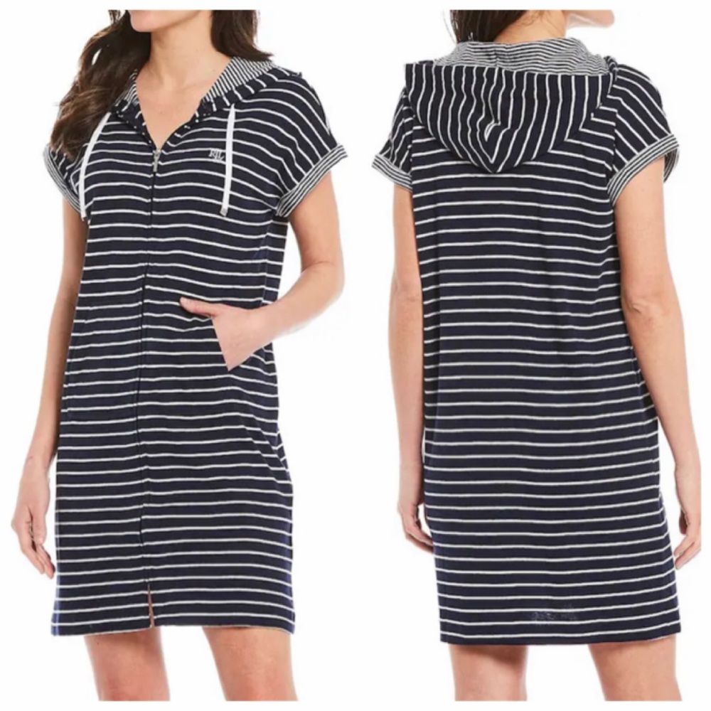 Lauren Ralph Lauren Striped Hoodie Interlock Zip-Front Lounge Dress